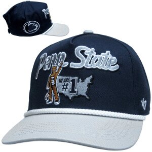 navy hat, gray brim, embroidered Penn State, Nittany Lion Mascot, We Are #1